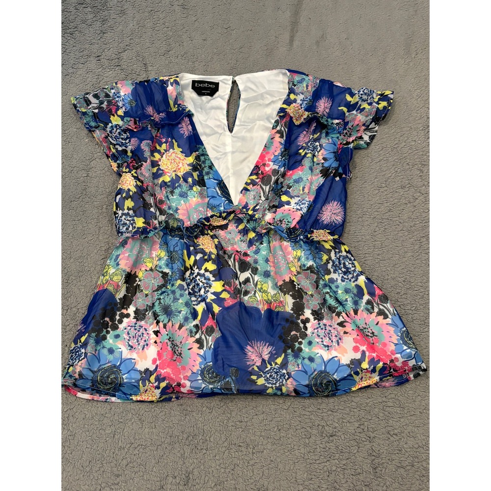Bebe Floral Print V-Neck Elastic Waist Blouse Blue Multicolor Size 6 15WWT906802
